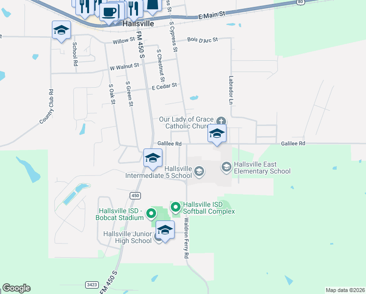 map of restaurants, bars, coffee shops, grocery stores, and more near 505 Laurel Lane in Hallsville