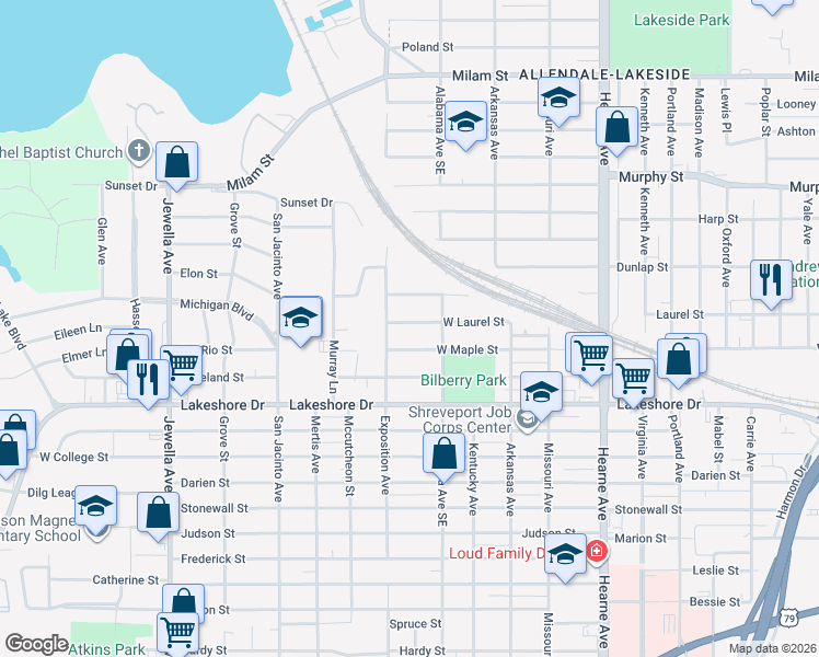map of restaurants, bars, coffee shops, grocery stores, and more near 3125 West Maple Street in Shreveport