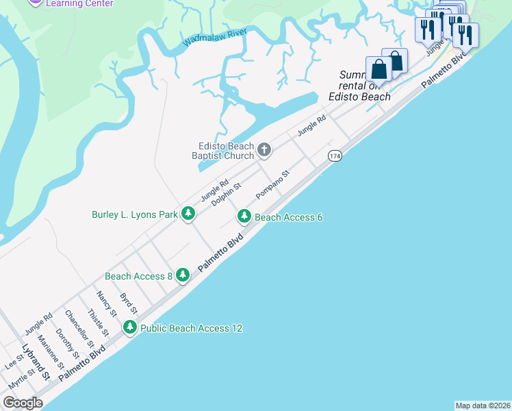 map of restaurants, bars, coffee shops, grocery stores, and more near 517 Palmetto Boulevard in Edisto Island