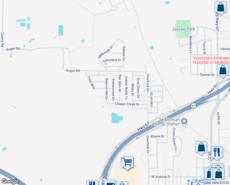 map of restaurants, bars, coffee shops, grocery stores, and more near 1226 Embercrest Drive in Midlothian