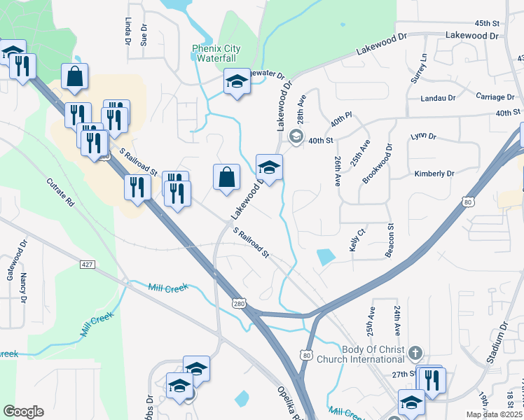 map of restaurants, bars, coffee shops, grocery stores, and more near 3800 Lakewood Drive in Phenix City