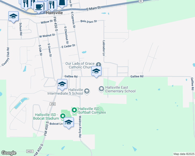 map of restaurants, bars, coffee shops, grocery stores, and more near 420 Galilee Road in Hallsville