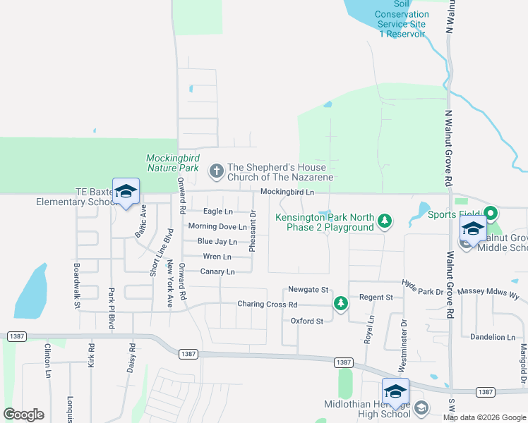 map of restaurants, bars, coffee shops, grocery stores, and more near 1142 Pheasant Drive in Midlothian