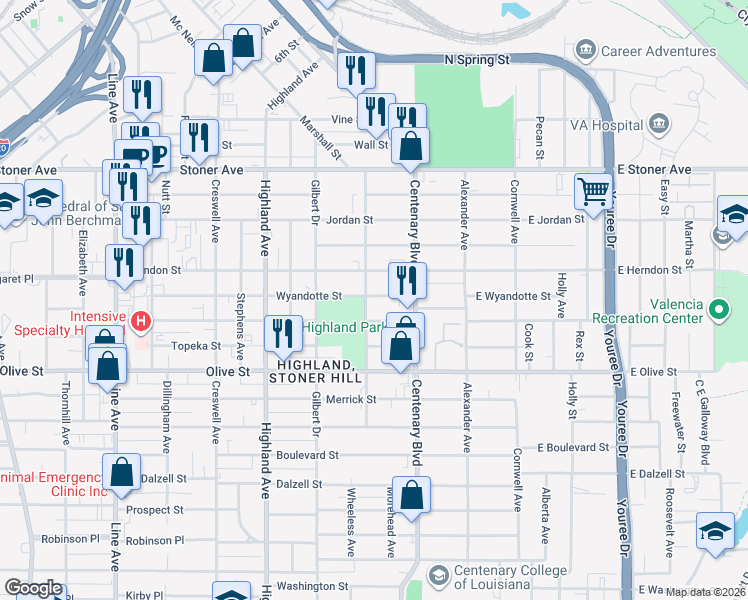map of restaurants, bars, coffee shops, grocery stores, and more near 251 Herndon Street in Shreveport