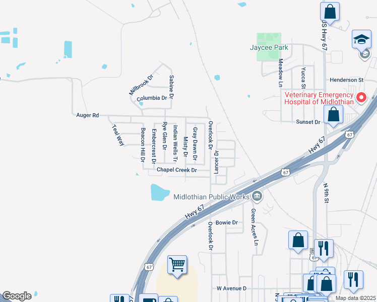 map of restaurants, bars, coffee shops, grocery stores, and more near 1230 Misty Drive in Midlothian