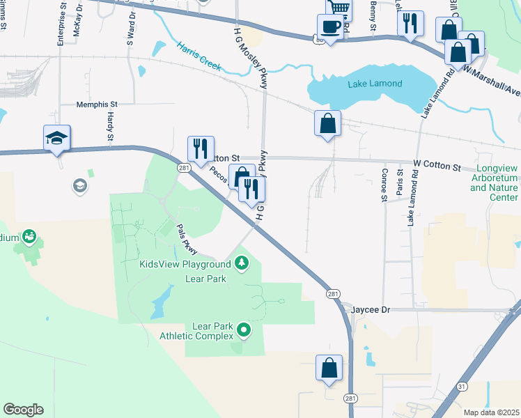 map of restaurants, bars, coffee shops, grocery stores, and more near 304 H G Mosley Parkway in Longview