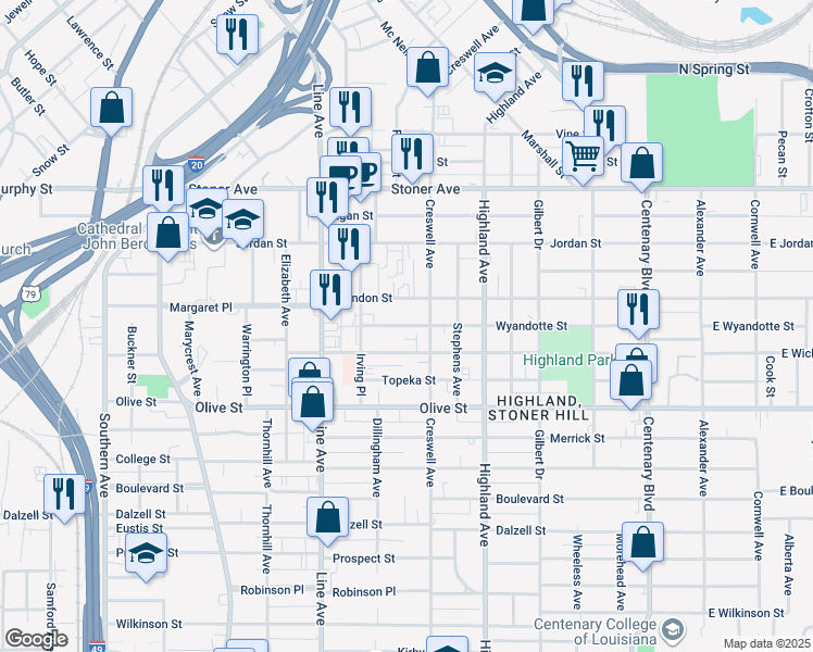 map of restaurants, bars, coffee shops, grocery stores, and more near 615 Herndon Street in Shreveport