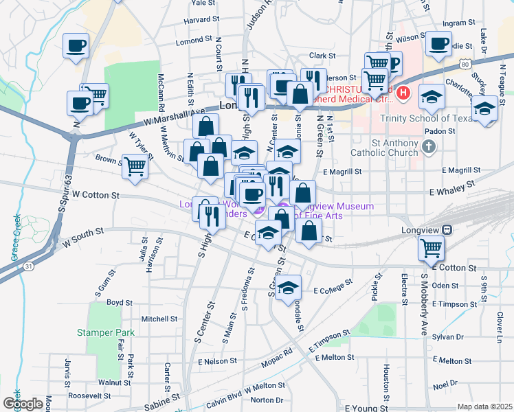 map of restaurants, bars, coffee shops, grocery stores, and more near 213 North Center Street in Longview