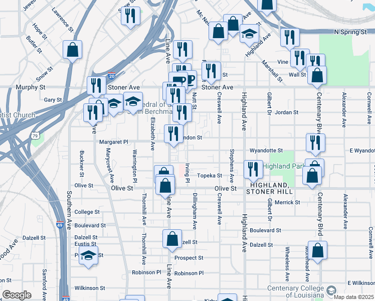 map of restaurants, bars, coffee shops, grocery stores, and more near Irving Place in Shreveport