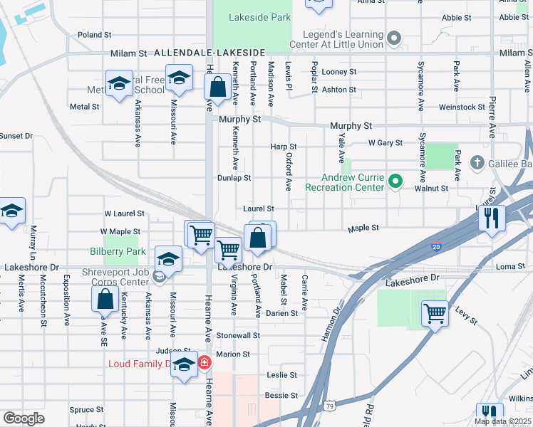 map of restaurants, bars, coffee shops, grocery stores, and more near 2403 Laurel Street in Shreveport
