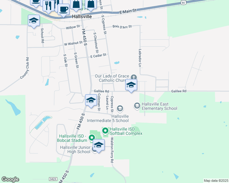 map of restaurants, bars, coffee shops, grocery stores, and more near 420 Galilee Road in Hallsville