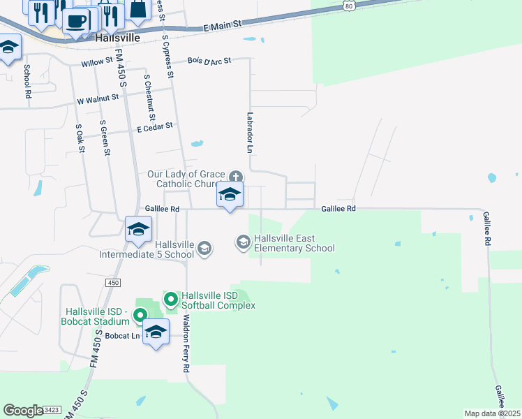 map of restaurants, bars, coffee shops, grocery stores, and more near 671 Moore Lane in Hallsville