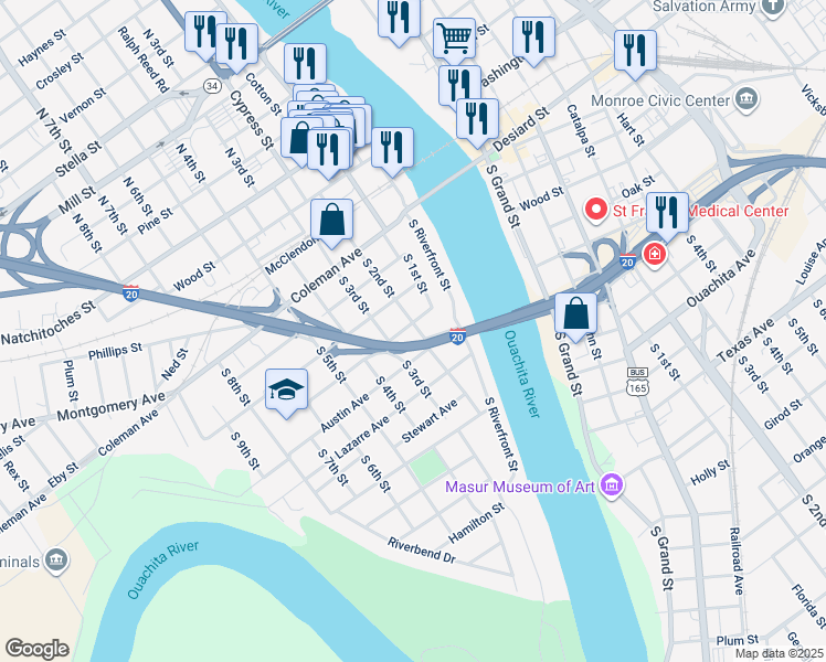 map of restaurants, bars, coffee shops, grocery stores, and more near 201 Filhiol Avenue in West Monroe