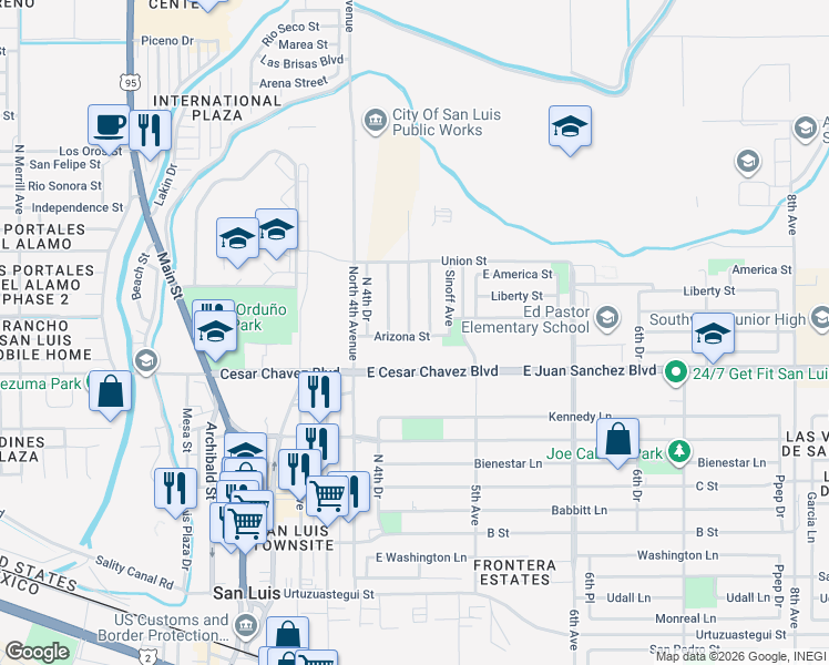 map of restaurants, bars, coffee shops, grocery stores, and more near 971 McCain Avenue in San Luis