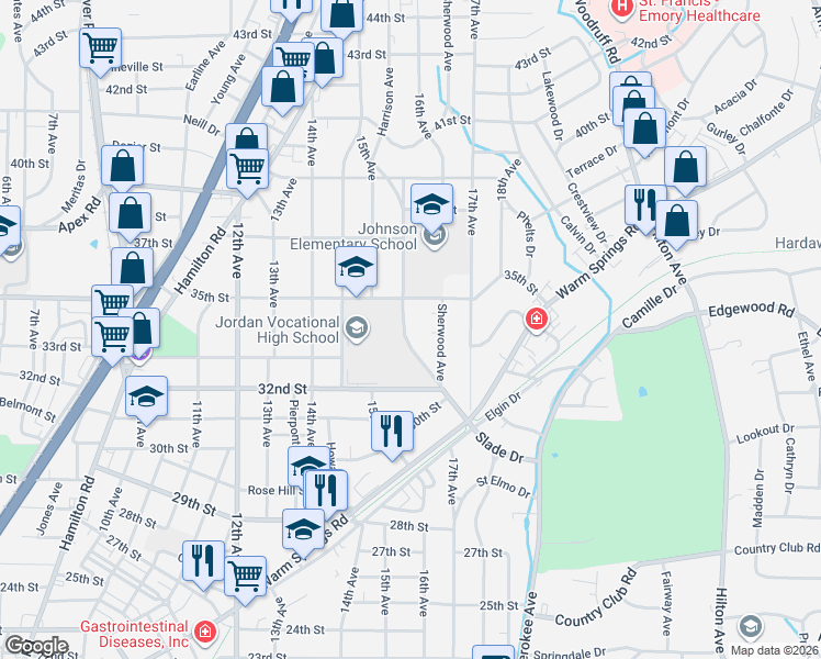 map of restaurants, bars, coffee shops, grocery stores, and more near 3414 Woodlawn Avenue in Columbus