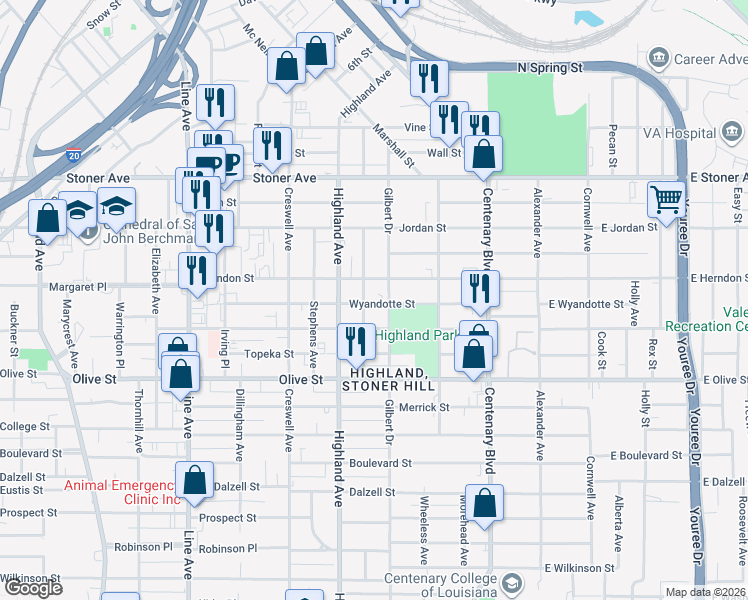map of restaurants, bars, coffee shops, grocery stores, and more near 419 Herndon Street in Shreveport