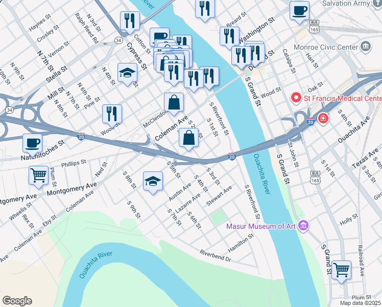 map of restaurants, bars, coffee shops, grocery stores, and more near 303 Linderman Ave in West Monroe