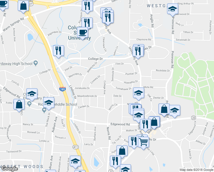 map of restaurants, bars, coffee shops, grocery stores, and more near 3310 College Avenue in Columbus
