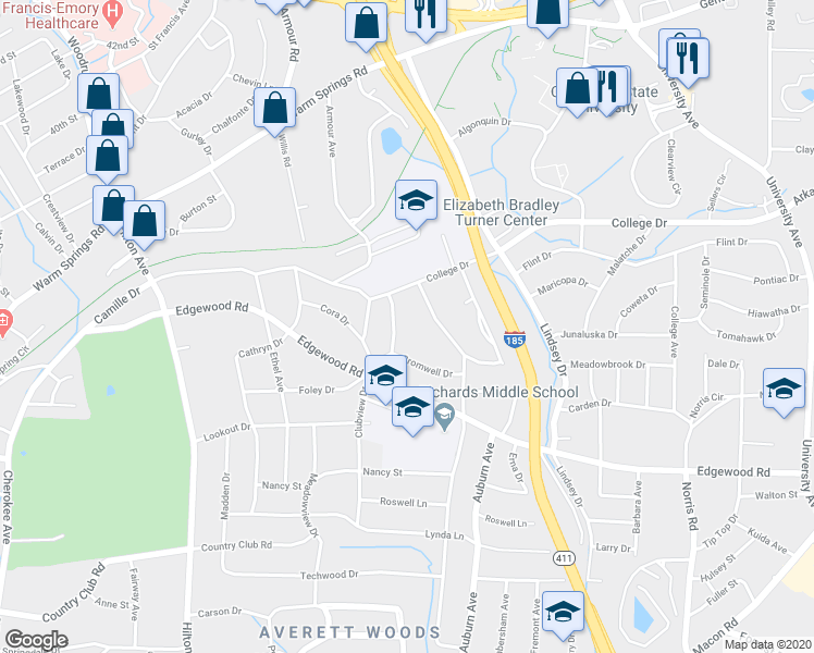 map of restaurants, bars, coffee shops, grocery stores, and more near 3414 Cambridge Drive in Columbus