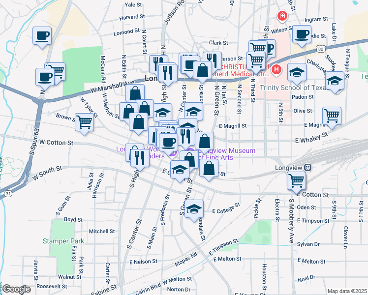 map of restaurants, bars, coffee shops, grocery stores, and more near 213 N Fredonia St in Longview