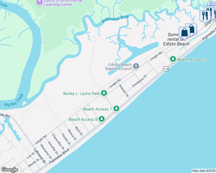 map of restaurants, bars, coffee shops, grocery stores, and more near 605 Jungle Road in Edisto Island