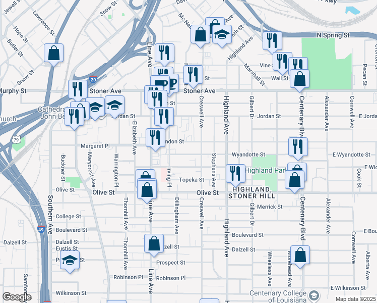map of restaurants, bars, coffee shops, grocery stores, and more near 615 Herndon Street in Shreveport