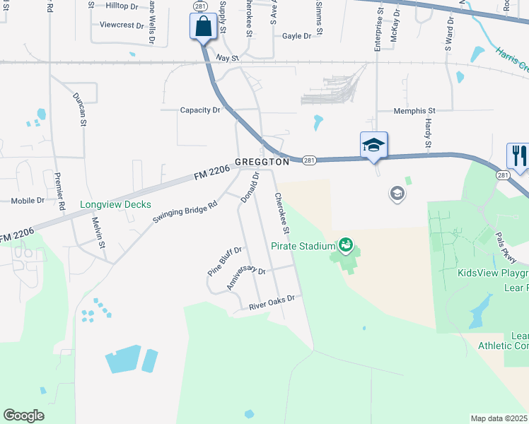 map of restaurants, bars, coffee shops, grocery stores, and more near 913 Cherokee Street in Longview