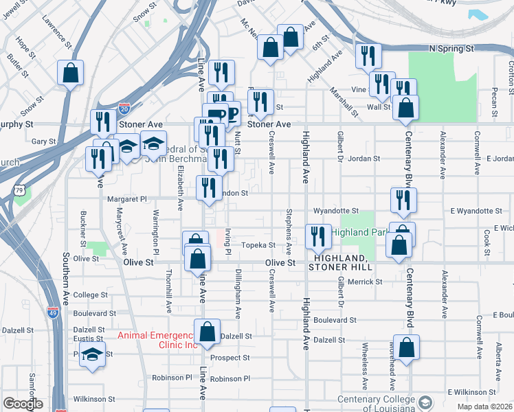 map of restaurants, bars, coffee shops, grocery stores, and more near 615 Herndon Street in Shreveport