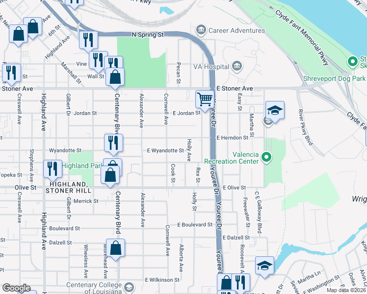 map of restaurants, bars, coffee shops, grocery stores, and more near 231 East Herndon Street in Shreveport
