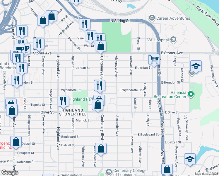 map of restaurants, bars, coffee shops, grocery stores, and more near 129 Herndon Street in Shreveport