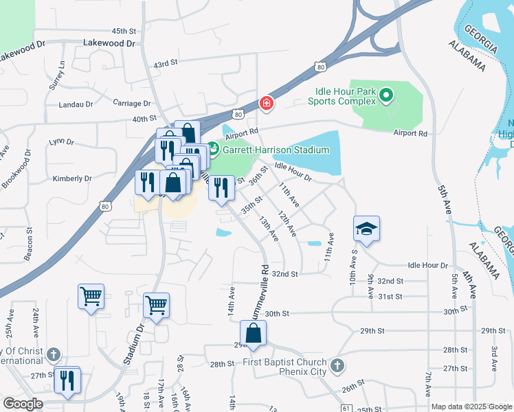 map of restaurants, bars, coffee shops, grocery stores, and more near 1205 35th Street in Phenix City