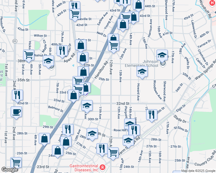 map of restaurants, bars, coffee shops, grocery stores, and more near 3422 11th Avenue in Columbus