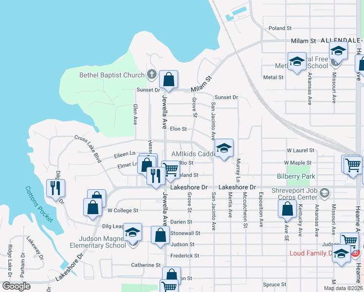 map of restaurants, bars, coffee shops, grocery stores, and more near 1821 Dolphine Street in Shreveport