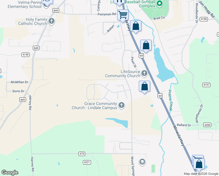 map of restaurants, bars, coffee shops, grocery stores, and more near 1408 Hannah Circle in Lindale