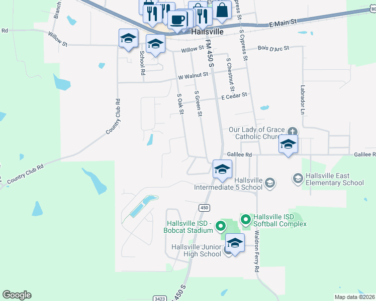map of restaurants, bars, coffee shops, grocery stores, and more near 504 Oak Street in Hallsville