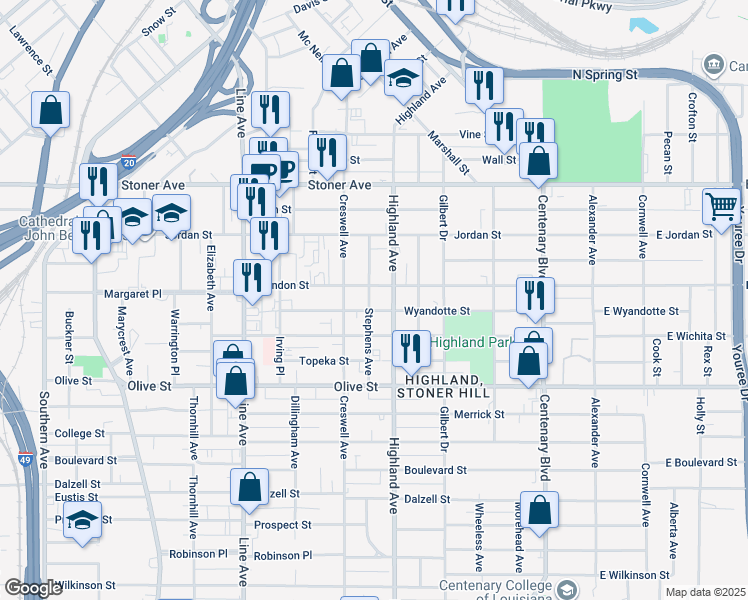 map of restaurants, bars, coffee shops, grocery stores, and more near 1621 Stephens Avenue in Shreveport