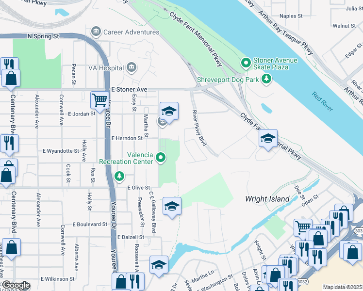 map of restaurants, bars, coffee shops, grocery stores, and more near Proposed Coates Bluff Nature Trail Extension in Shreveport