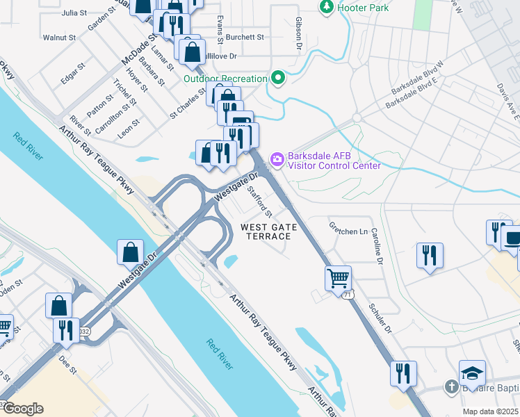 map of restaurants, bars, coffee shops, grocery stores, and more near 919 Rickey Place in Bossier City