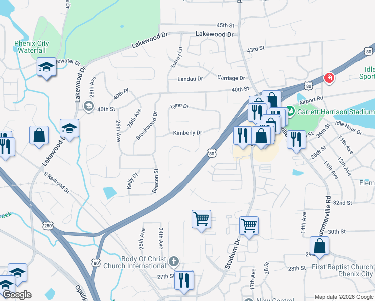 map of restaurants, bars, coffee shops, grocery stores, and more near 1900 Tranquil Lane in Phenix City