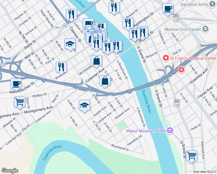map of restaurants, bars, coffee shops, grocery stores, and more near 301-303 Linderman Ave in West Monroe