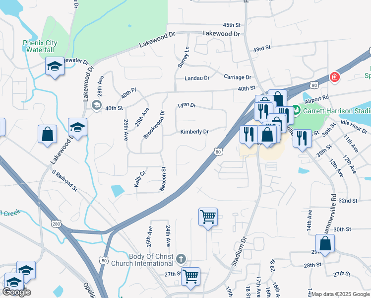 map of restaurants, bars, coffee shops, grocery stores, and more near 1911 Tranquil Lane in Phenix City