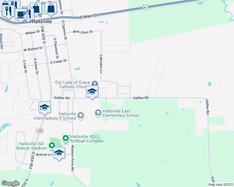 map of restaurants, bars, coffee shops, grocery stores, and more near Mallard Lane in Hallsville