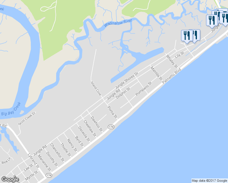 map of restaurants, bars, coffee shops, grocery stores, and more near 605 Jungle Road in Edisto Island