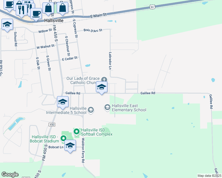 map of restaurants, bars, coffee shops, grocery stores, and more near 104 Champions Drive in Hallsville
