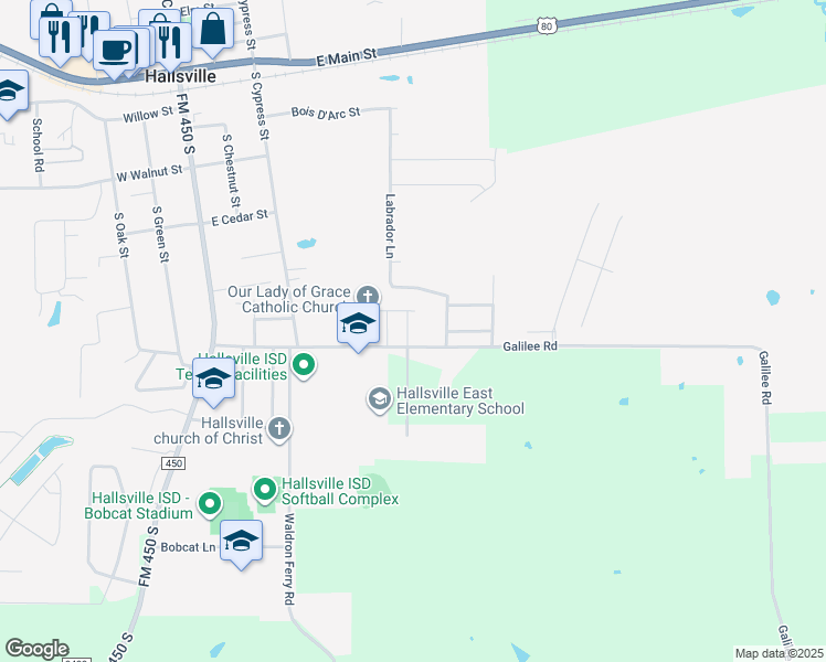 map of restaurants, bars, coffee shops, grocery stores, and more near 103 Mallard Lane in Hallsville