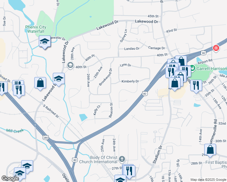 map of restaurants, bars, coffee shops, grocery stores, and more near 1916 Tranquil Lane in Phenix City