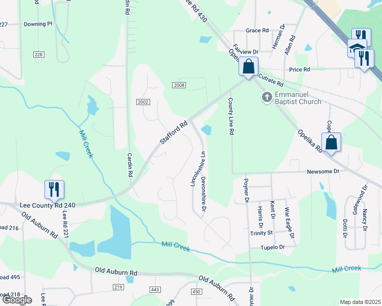 map of restaurants, bars, coffee shops, grocery stores, and more near 14 New Castle Drive in Phenix City