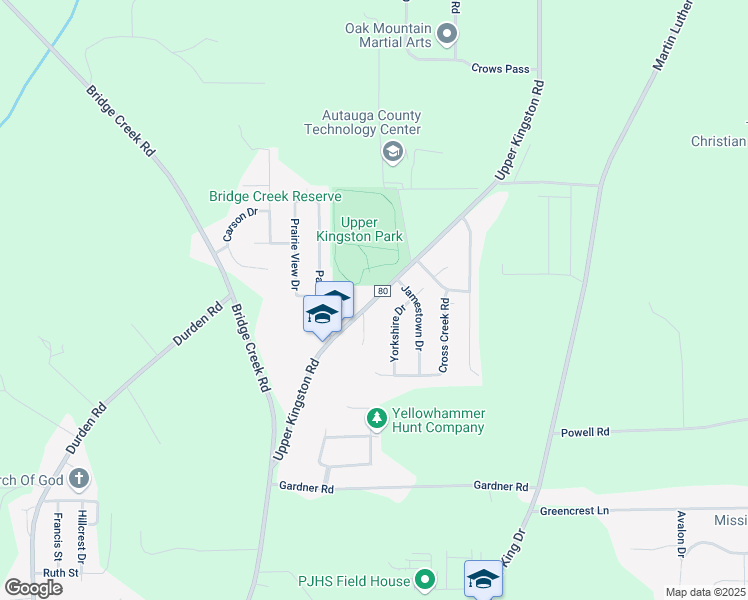 map of restaurants, bars, coffee shops, grocery stores, and more near 1301 Upper Kingston Road in Prattville