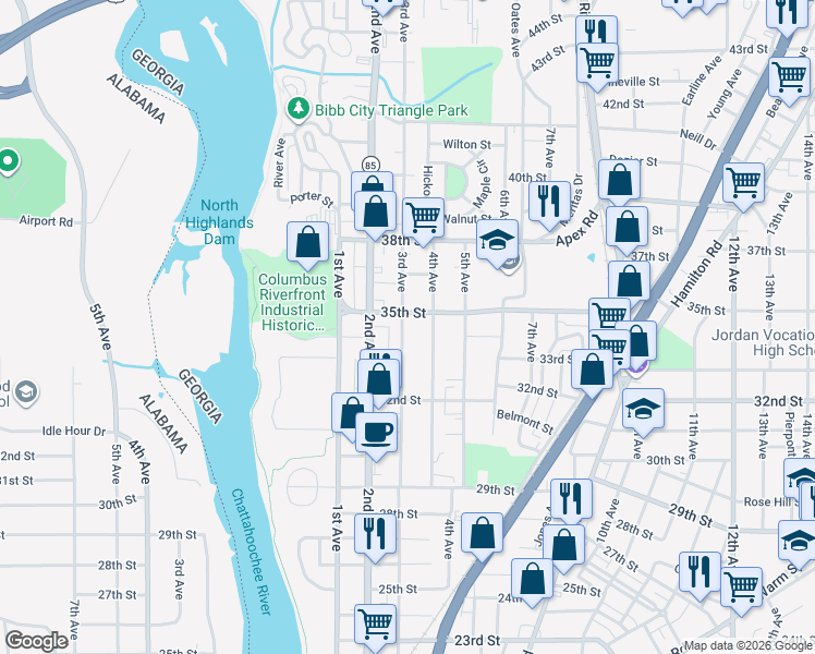 map of restaurants, bars, coffee shops, grocery stores, and more near 3414 3rd Avenue in Columbus