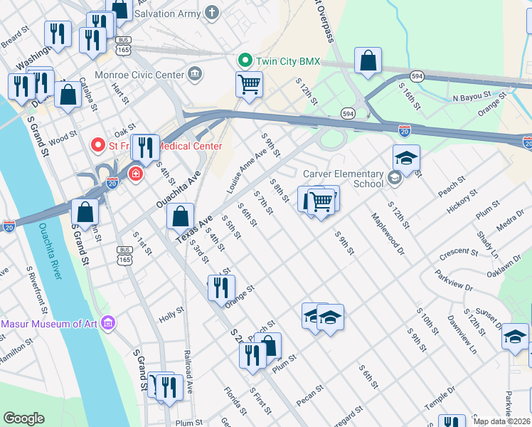 map of restaurants, bars, coffee shops, grocery stores, and more near 603 S 7th St in Monroe